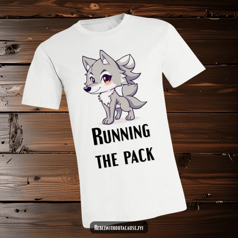 Funny t-shirt showcasing a spirited wolf character in a confident stance, tail high, embodying freedom and spirit.