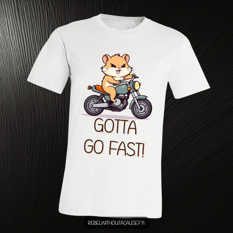 Funny Hamster Motorcycle T-Shirt: A determined hamster character with a focused grin rides a miniature motorcycle with determination.