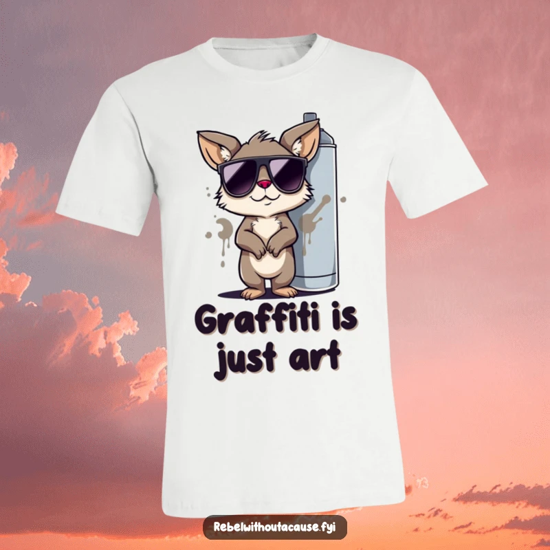 Funny Street Art T-Shirt: Cool Animal Wearing Sunglasses, Leaning on Graffiti Spray Can, Stylish and Humorous.