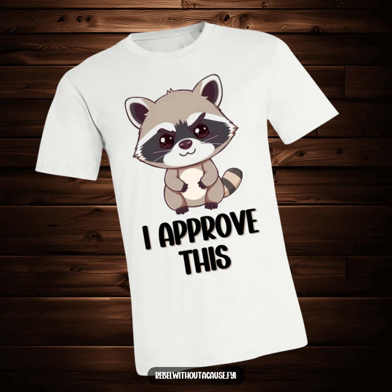 Funny raccoon t-shirt showcasing a mischievous raccoon with a smirk and a perfectly arched eyebrow, exuding playful sass.
