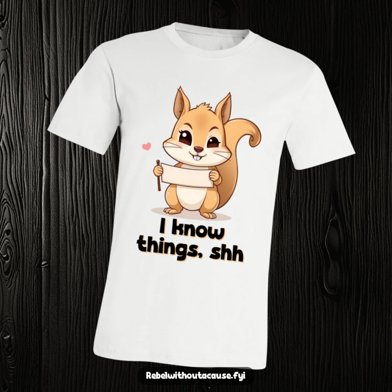 Funny mischievous squirrel t-shirt featuring a squirrel giving a knowing wink and holding a banner, perfect for expressing playful secrets.