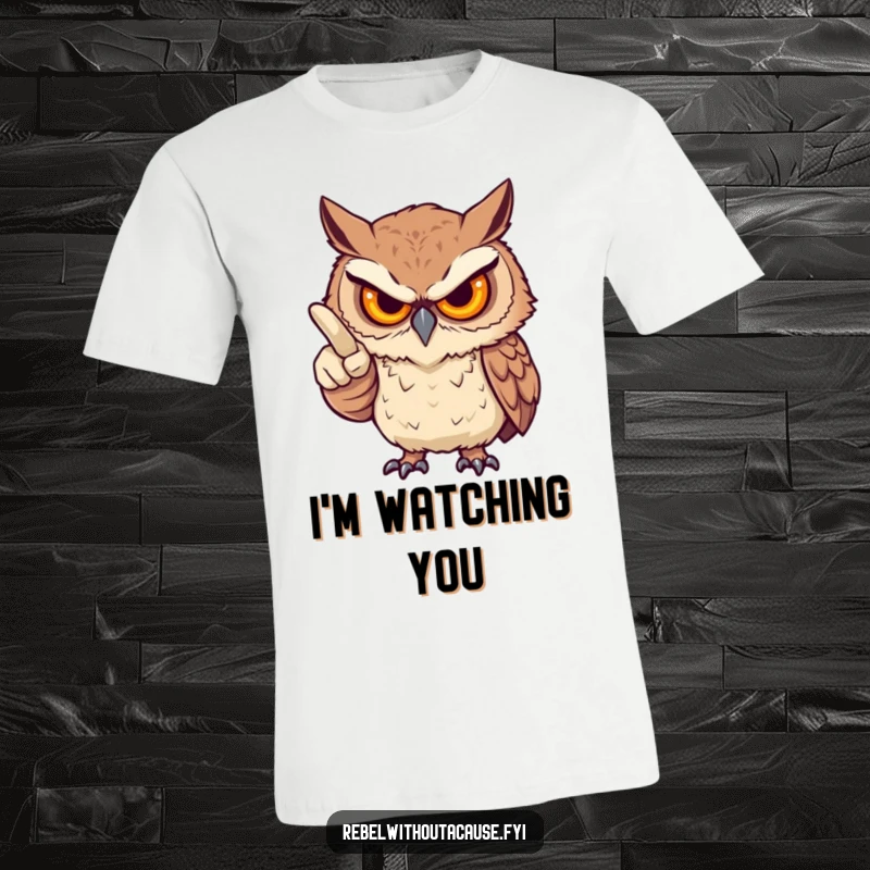 Funny t-shirt featuring a fierce owl, stern but playful, pointing an accusatory finger, perfect for playful judgment, a great funny gift.