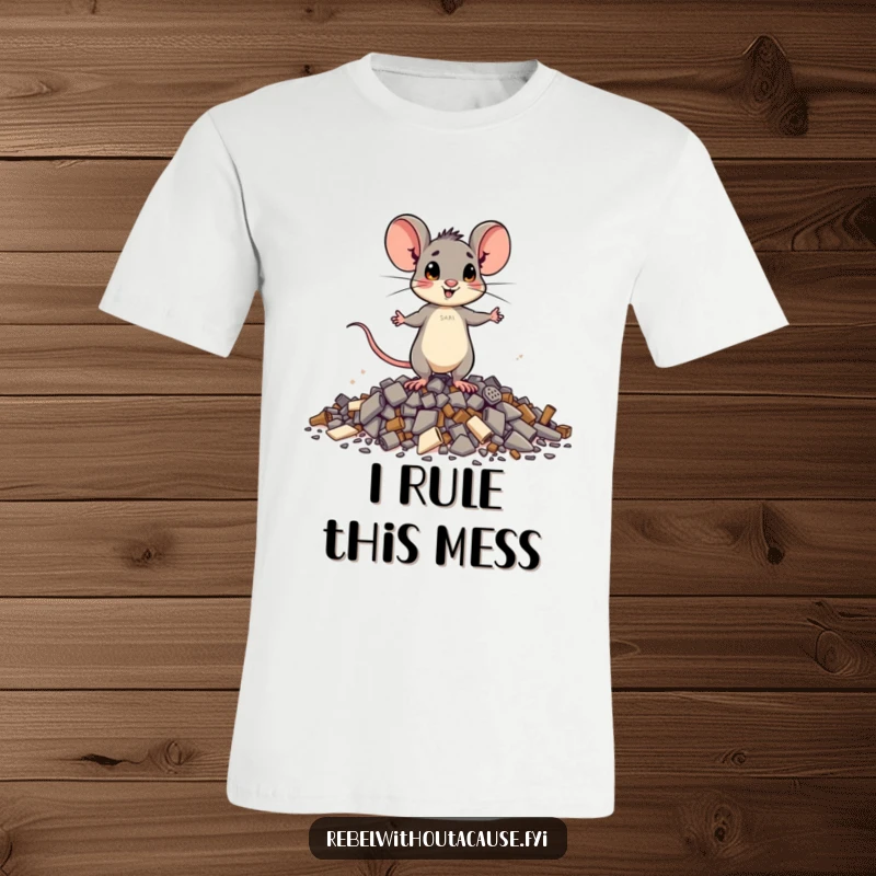 Funny brave mouse t-shirt with a small mouse standing tall on a pile of debris, radiating courage and a humorous sense of accomplishment.