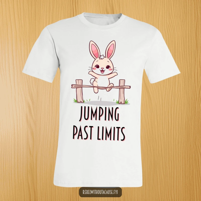 Funny rabbit t-shirt showcasing a cheerful rabbit with determination, jumping over a broken fence. Symbolizes freedom and perseverance.