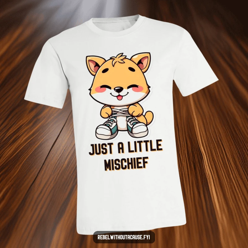 Funny T-Shirt: Playful Animal Character with a Mischievous Grin, Tying Shoelaces Together, Perfect for Pranksters.