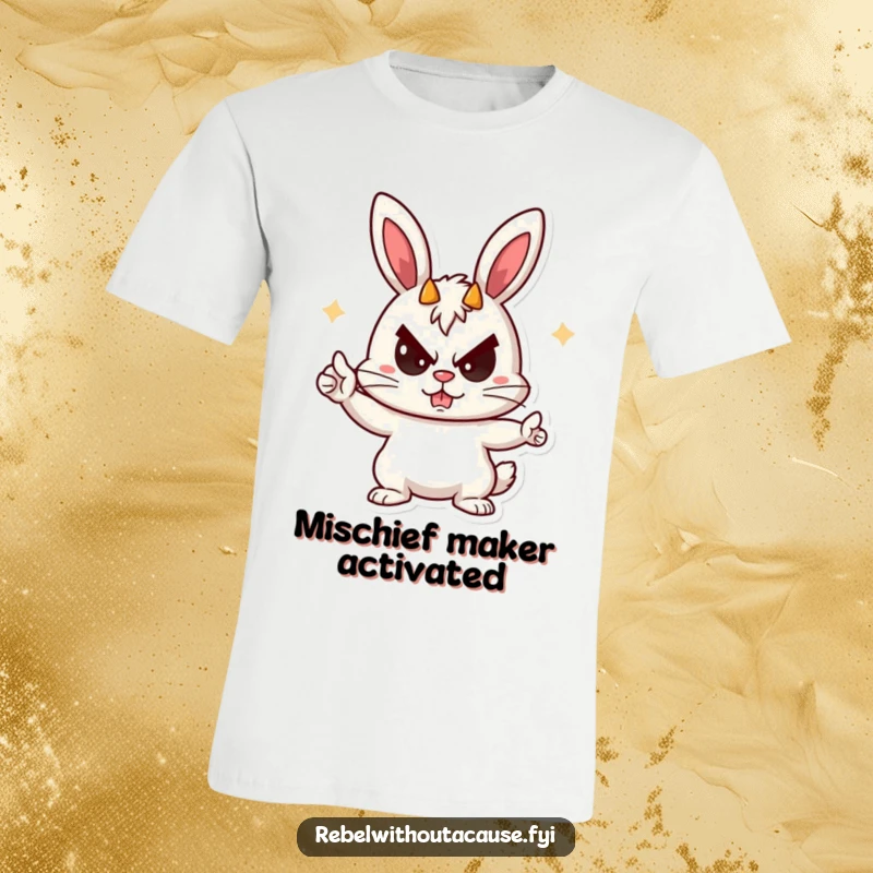 Funny Rebellious Bunny T-Shirt with a playful bunny character giving devil horns and a cheeky, rebellious sneer.