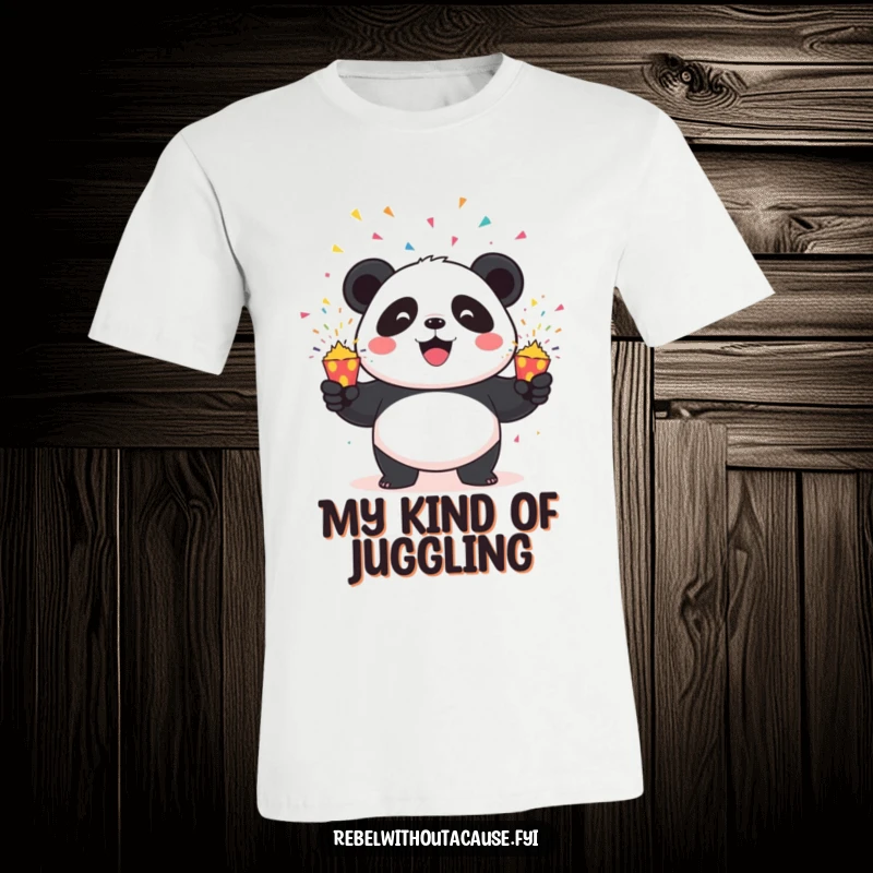 Funny Panda T-Shirt: Mischievous panda artistically juggles three bursting confetti poppers, symbolizing fun and delightful pandemonium.
