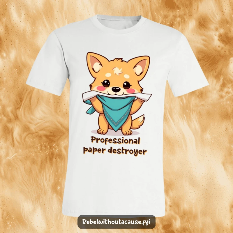 Funny t-shirt depicting a carefree dog with a bandana, caught in the act of ripping paper with pure, unadulterated joy.