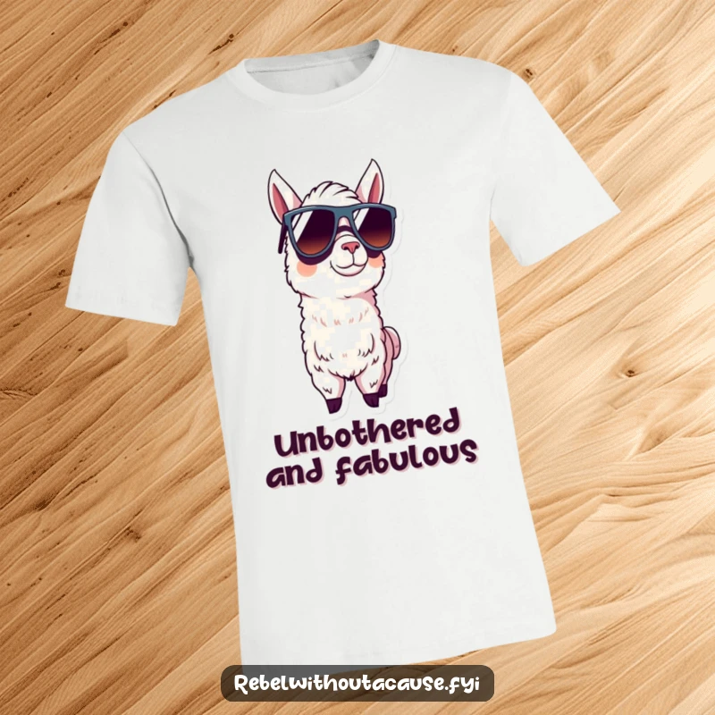 Funny llama sporting oversized sunglasses and a confident stance on a t-shirt, radiating cool vibes.