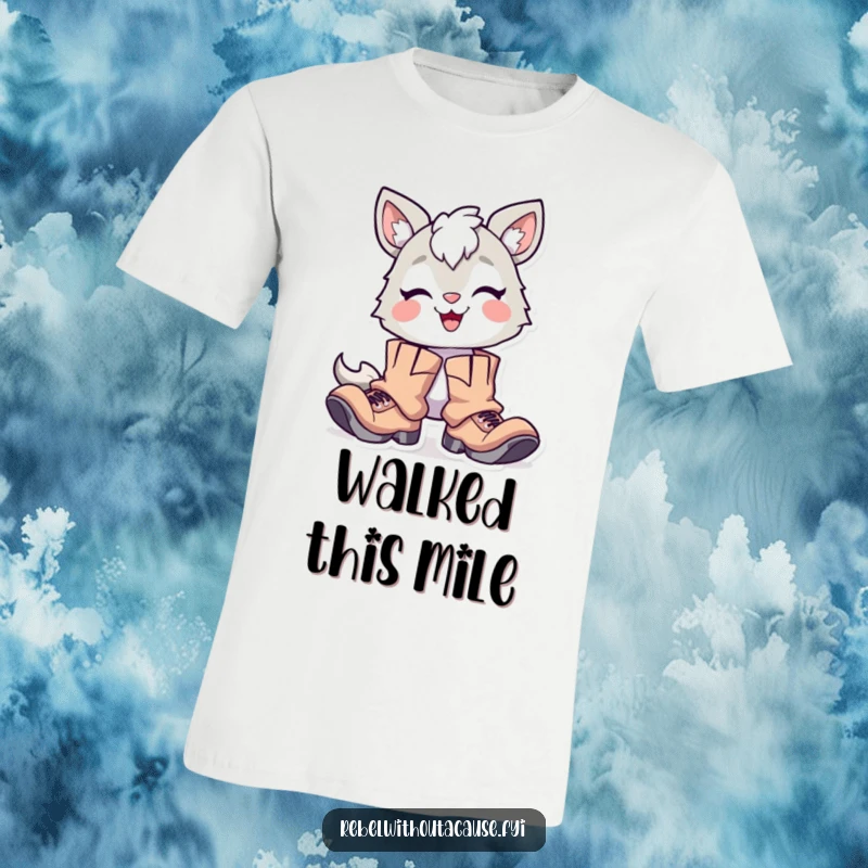 Funny T-Shirt: Delighted Animal Character with a Proud Smirk, Wearing Oversized Tattered Boots, Ideal for Adventurers.