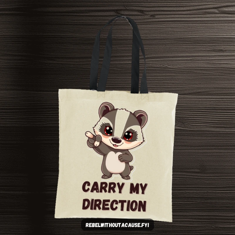 Funny bold badger tote bag illustrating a confident badger pointing forward, ideal for carrying necessities with a humorous sense of direction.