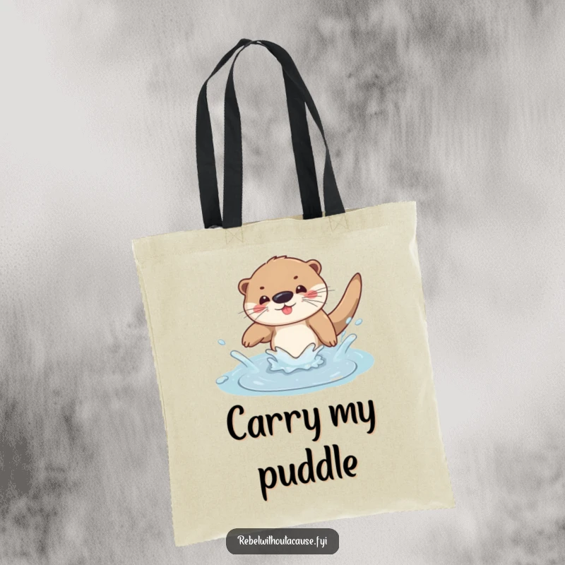 Funny otter dive tote bag illustrating a playful otter diving into a puddle, ideal for carrying necessities with a splash of humor.