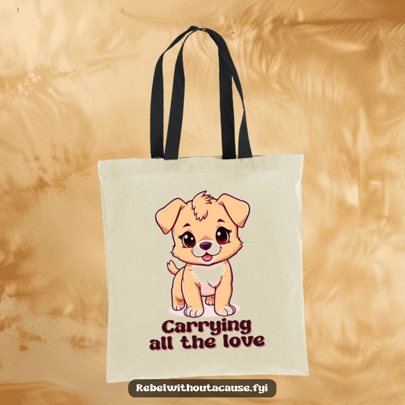 Funny puppy tote bag designed with a playful puppy having a confident stride and a rebellious streak, a fun and cheerful funny gift.