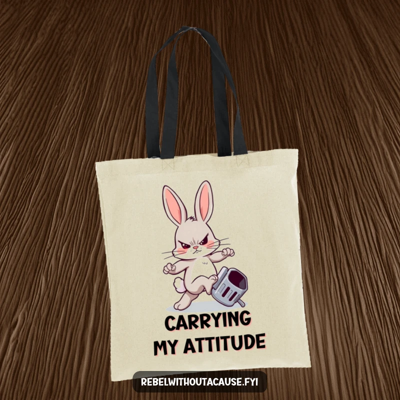 Funny tote bag depicting a sneering bunny kicking a trash can, great for carrying items with rebellious humor.