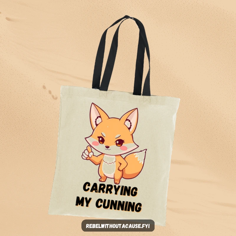 Funny fox tote bag displaying a playful fox in a defiant stance, pointing one paw outwards. Practical accessory with a humorous message.