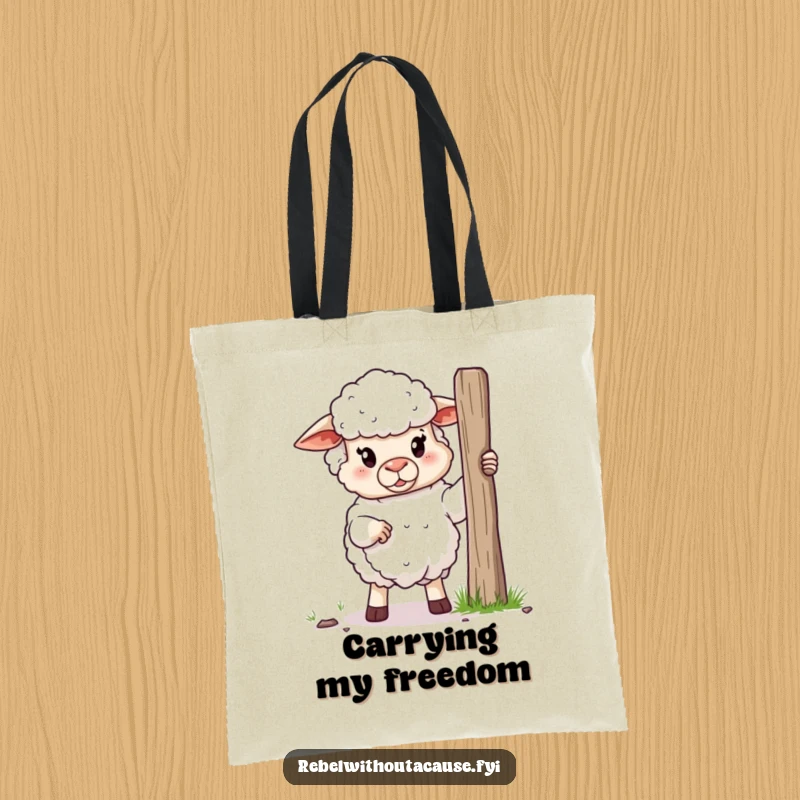 Funny tote bag showing a fluffy sheep holding a broken fence post, symbolizing freedom and humorous escape from boundaries.