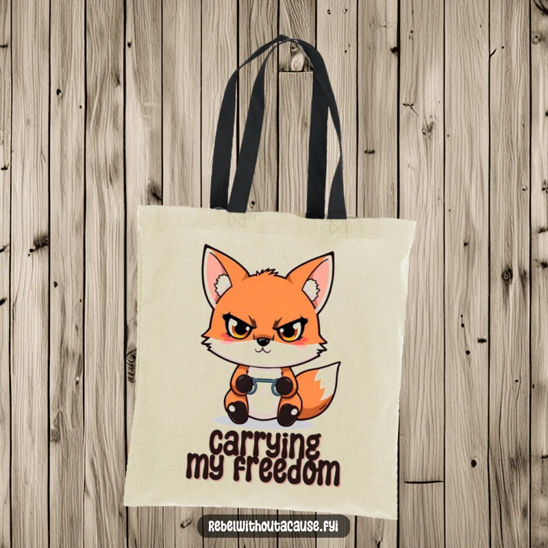 Funny Kawaii Fox Tote Bag with a defiant fox glaring, holding a broken chain link, symbolizing liberation and strength on the go.