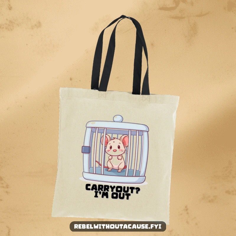 Funny curious mouse emerging from an open, empty cage, ready for adventure, on a durable tote bag.