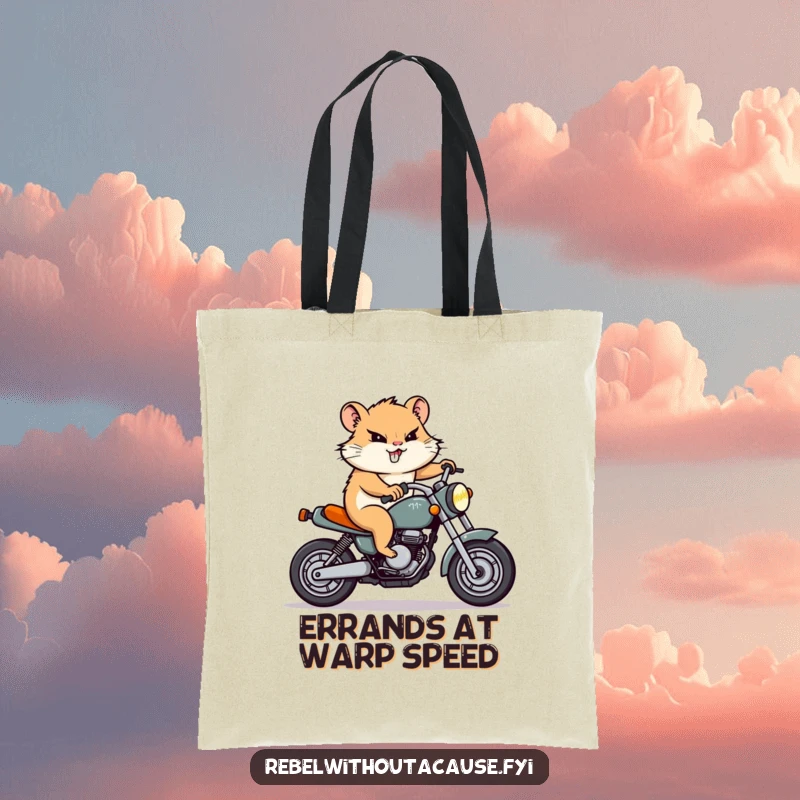 Funny Hamster Motorcycle Tote Bag: A determined hamster character with a grin rides a tiny motorcycle, ready to carry your essentials.