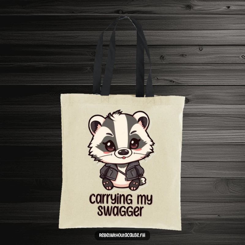 Funny badger tote bag displaying a cute badger in a leather jacket and slicked-back hair, smirking confidently. A practical and humorous accessory.