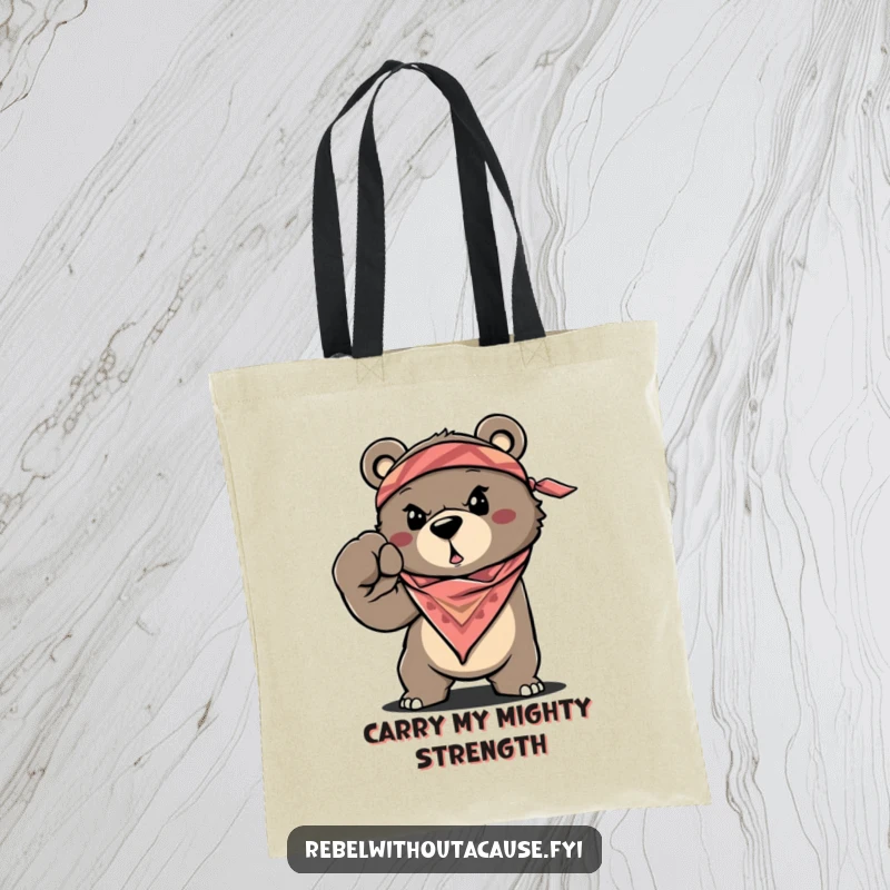 Funny Bear Tote Bag with a determined, bandana-clad bear throwing a fist, perfect for funny gift.