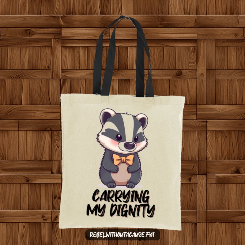 Funny tote bag featuring a bold badger with a tiny, crooked bowtie, looking aloof, perfect for carrying items with sophisticated humor.
