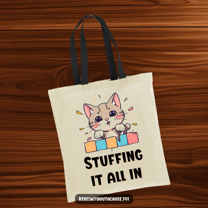 Funny tote bag depicting a bold cat character smashing through a colorful striped barrier, ready for errands.