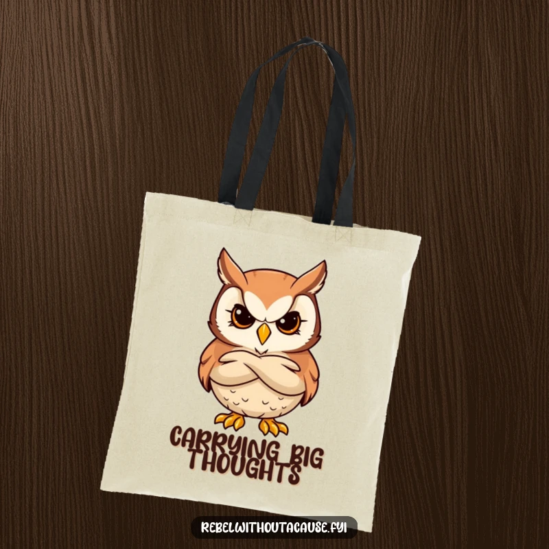 Funny tote bag with a bold owl character, stern and cool, arms crossed, conveying quiet confidence.