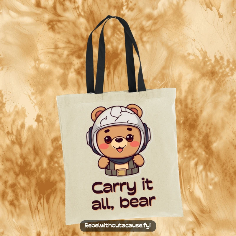 Funny tote bag with a cheerful bear character wearing a cracked helmet, ready for adventures and carrying essentials.