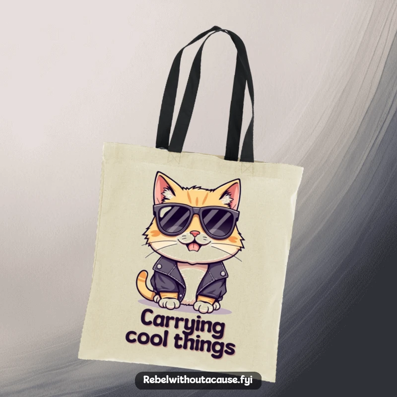 Funny tote bag featuring a cool cat in sunglasses and a leather jacket, showcasing a mischievous grin and attitude.