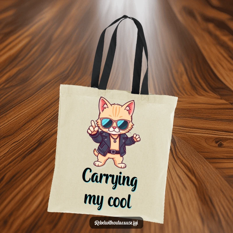 Funny tote bag featuring a cool cat in sunglasses and a leather jacket, perfect for carrying books or everyday essentials.