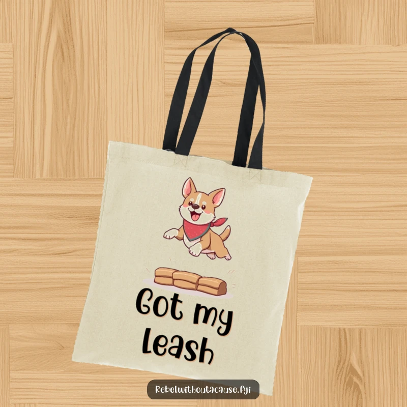 Funny tote bag featuring a bandana-wearing dog jumping over an obstacle, perfect for carrying things with a dose of daring humor.