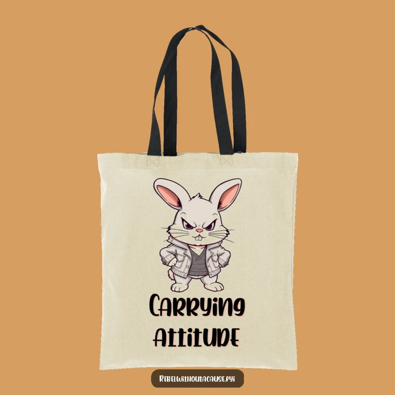 Funny Defiant Bunny Tote: Ripped Jacket Scowl, Playful Style, Perfect Gift