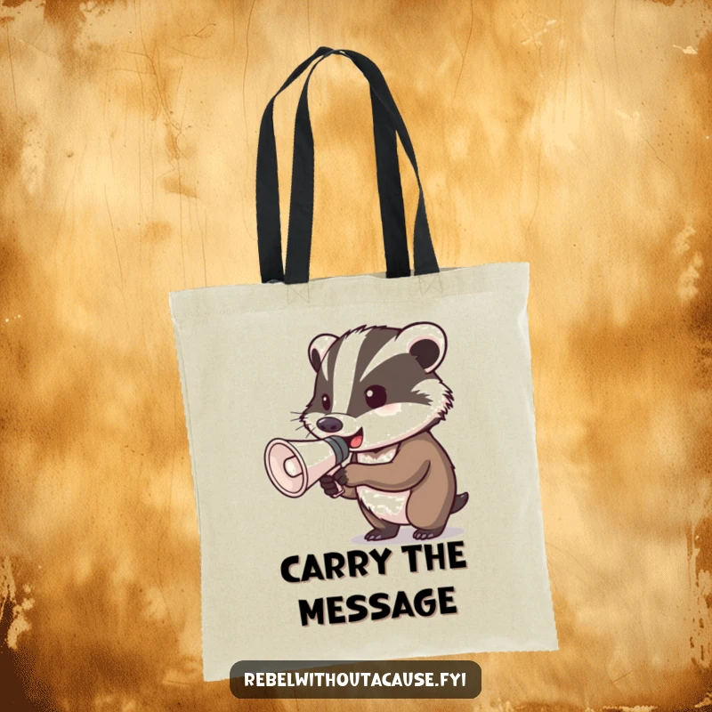 Funny determined badger megaphone tote bag featuring a badger gripping a megaphone, ready to shout, a humorous and impactful accessory.