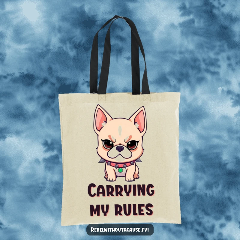 Funny tote bag featuring a rebellious dog wearing a spiked collar and a determined look, perfect for carrying books or everyday items.