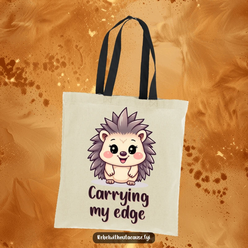 Funny hedgehog with a tiny mohawk on a tote bag, showcasing punk attitude with a proud grin.