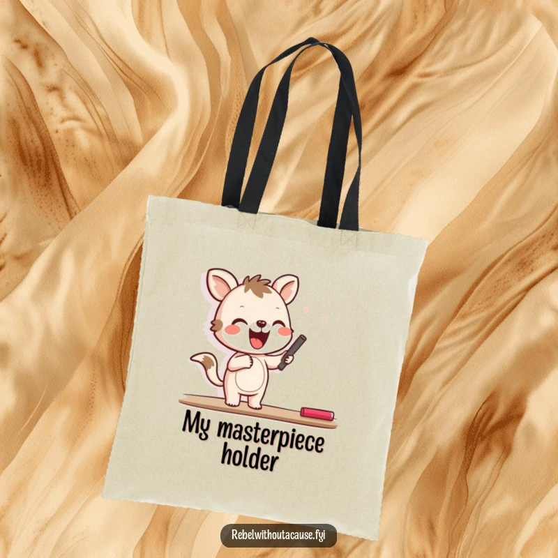 Funny tote bag with a joyful animal character happily scrawling with chalk on a blank wall, carrying artistic expression.
