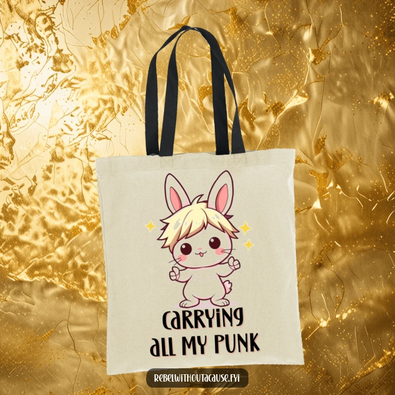 Funny Kawaii Bunny Tote Bag with a punk bunny sporting a wild hairstyle, striking a classic 'rock on' pose with musical energy.