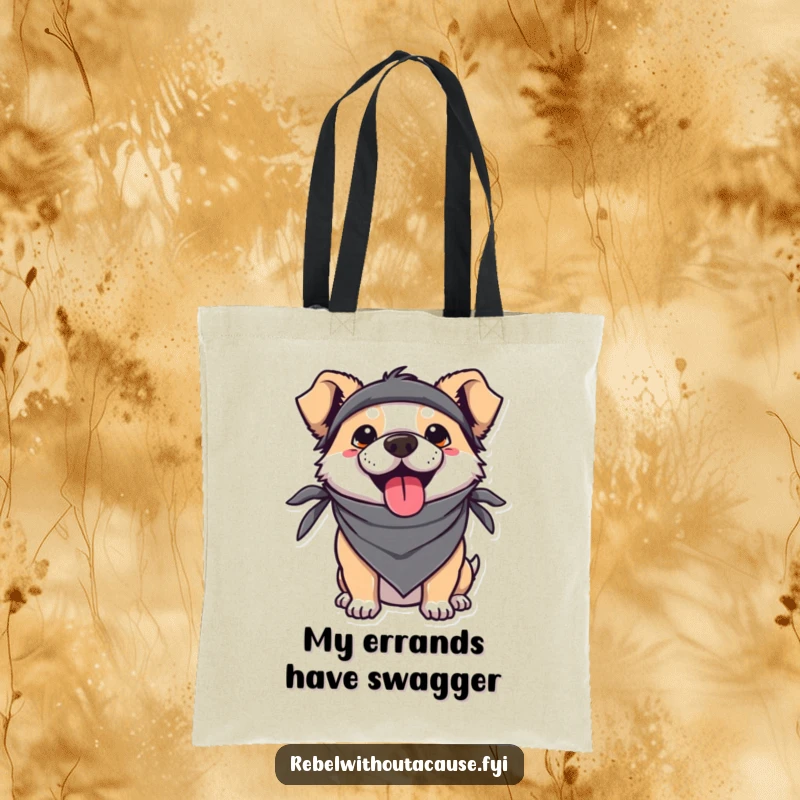 Funny Kawaii Dog Tote Bag with a cute dog wearing a bandana, sticking its tongue out with a rebellious yet adorable puppy charm.