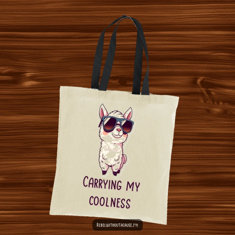 Funny llama with oversized sunglasses on a tote bag, exuding confidence and cool.
