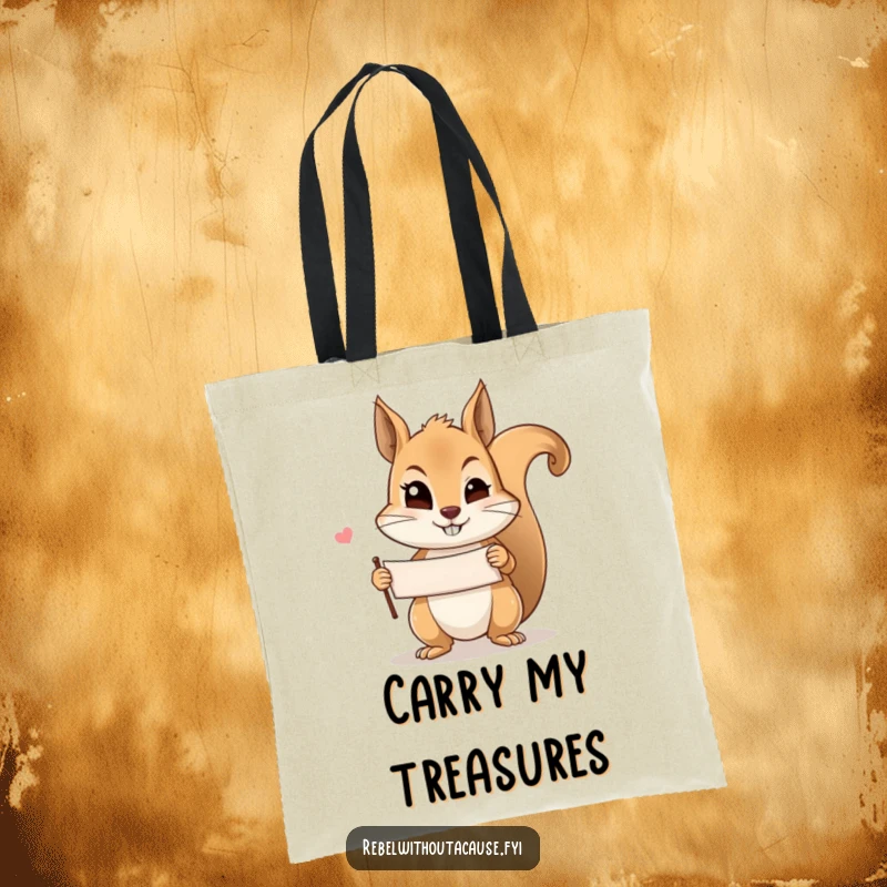 Funny mischievous squirrel wink tote bag featuring a squirrel holding a banner and giving a knowing wink, a humorous and practical accessory.