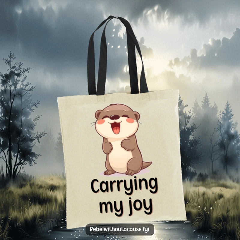Funny giggling otter with a carefree attitude doing a playful flip on a tote bag.