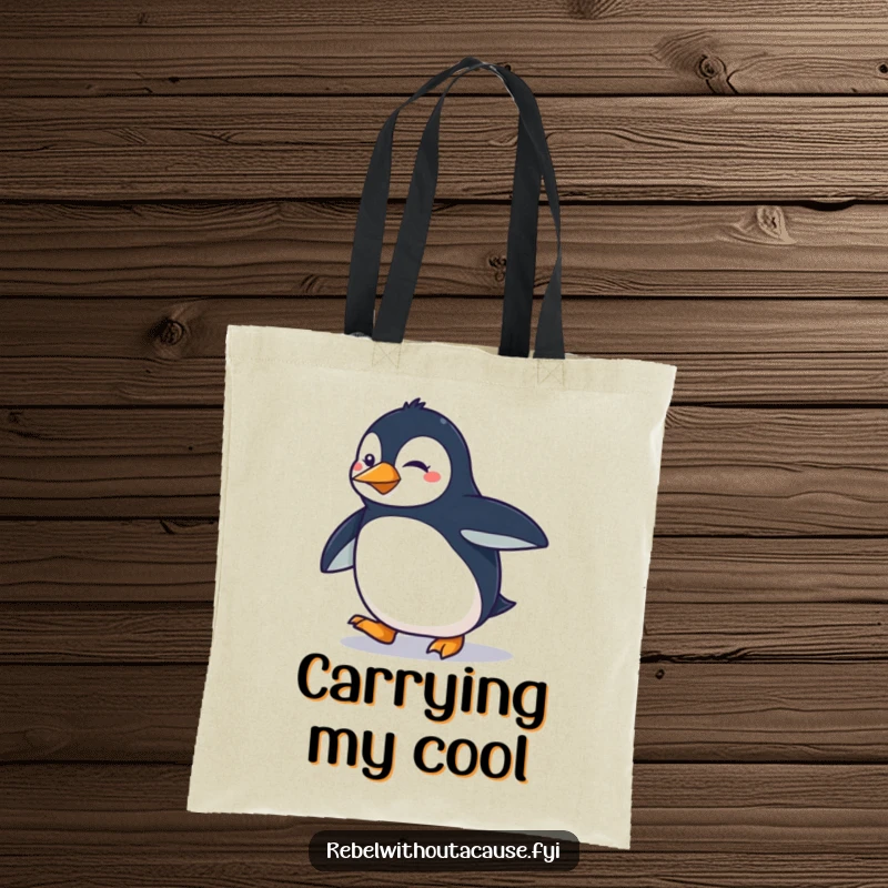 Funny determined penguin doing a smooth, sassy strut on a tote bag, a chic accessory.