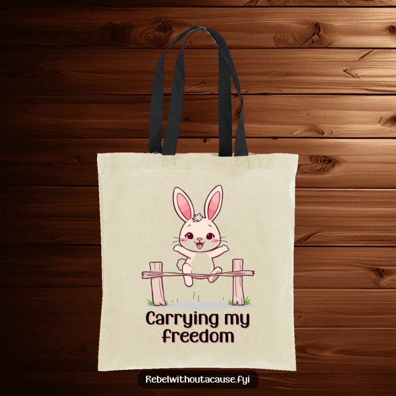 Funny rabbit tote bag displaying a cheerful rabbit determinedly jumping over a broken fence. Practical and symbolic humor.
