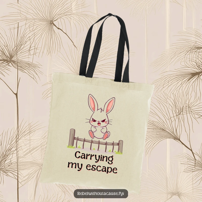 Funny Bunny Tote Bag showing a rebellious bunny determinedly jumping over a fence, a humorous and inspiring accessory.