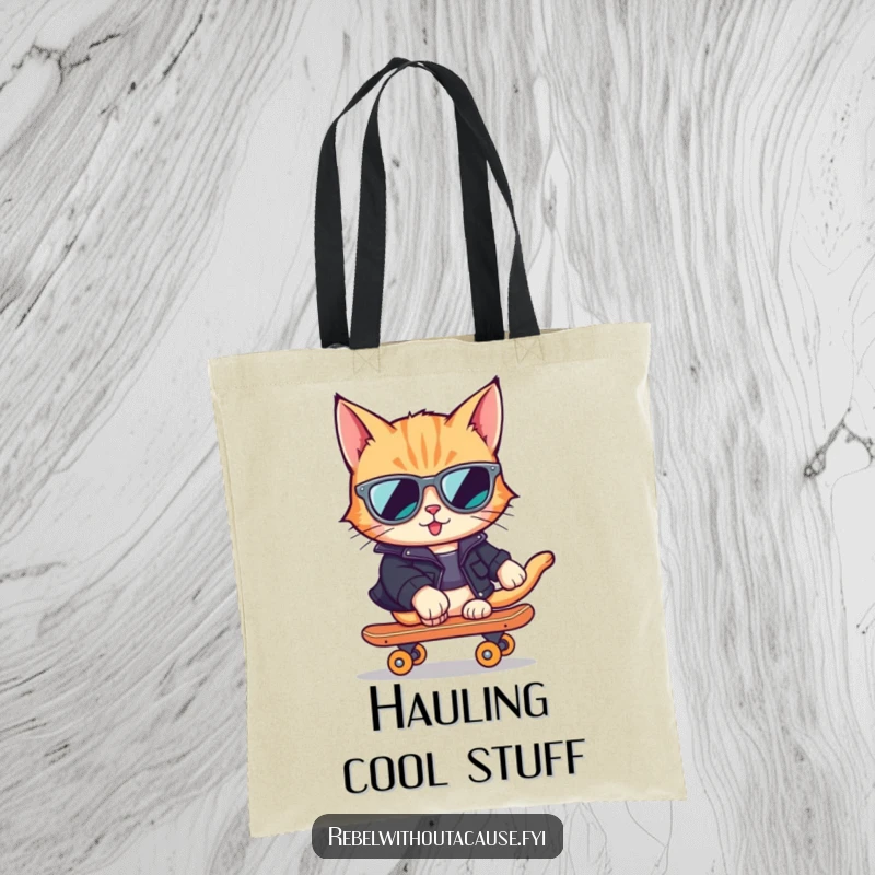 Funny Cat Skater Tote Bag showing a cool cat in sunglasses and leather jacket on a skateboard, a hip accessory.