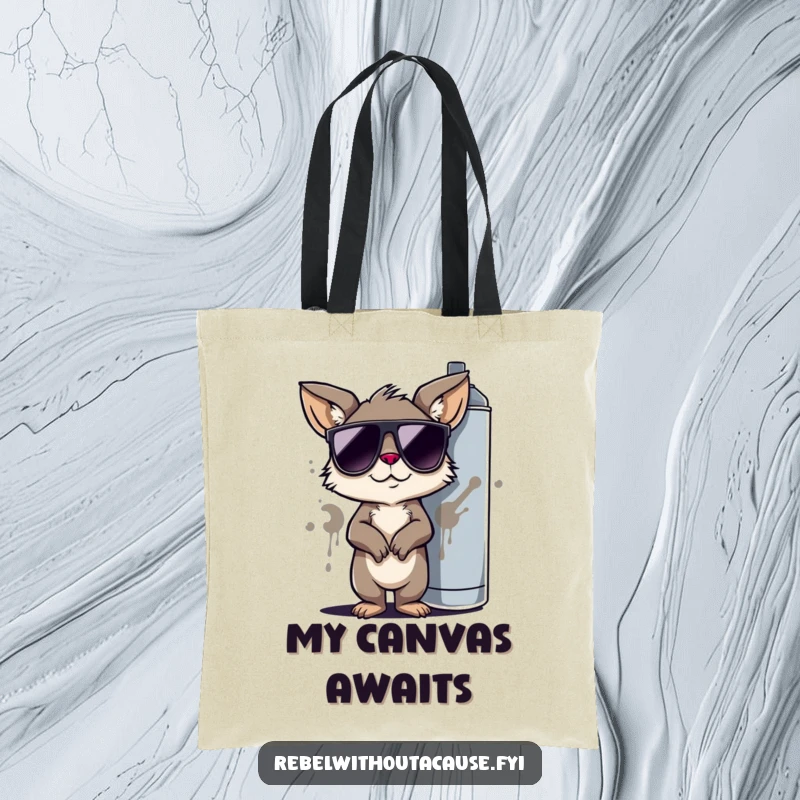 Funny Eco-Friendly Tote Bag: Cool Animal Wearing Sunglasses, Leaning on Graffiti Spray Can, Stylish and Humorous Accessory.
