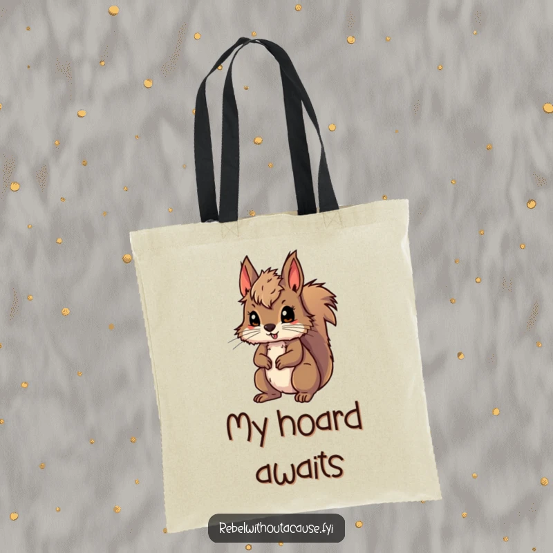 Funny tote bag featuring a wild squirrel with messy fur, ready for an adventure, perfect for carrying items on the go with a humorous touch.
