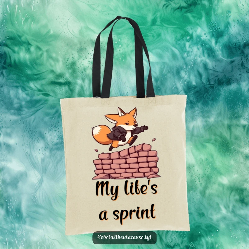 Funny tote bag featuring a fearless fox in a leather jacket dynamically leaping over a crumbling brick wall.