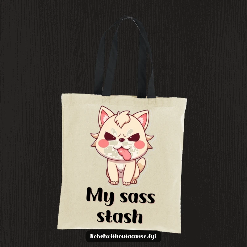Funny tote bag with a spirited animal character defiantly sticking its tongue out, perfect for carrying items with a sassy flair.